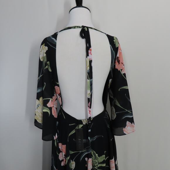 Yumi Kim Black Floral Open Back A-line V-neck Midi Dress Bell Sleeves Size Small - Picture 6 of 10